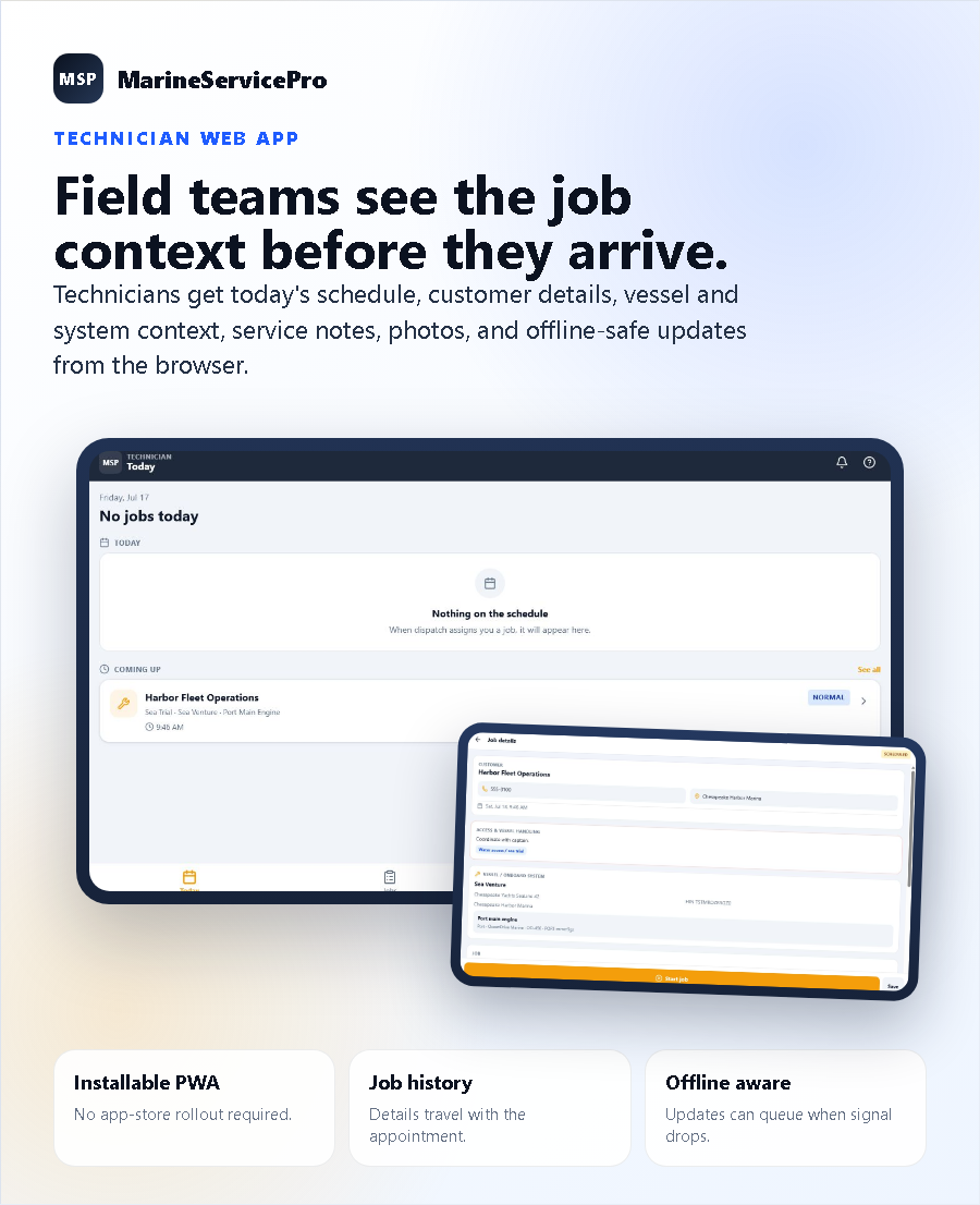 MarineServicePro technician schedule and marine job-detail workflow