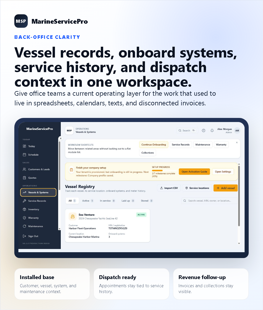 MarineServicePro vessel registry and onboard-system workspace